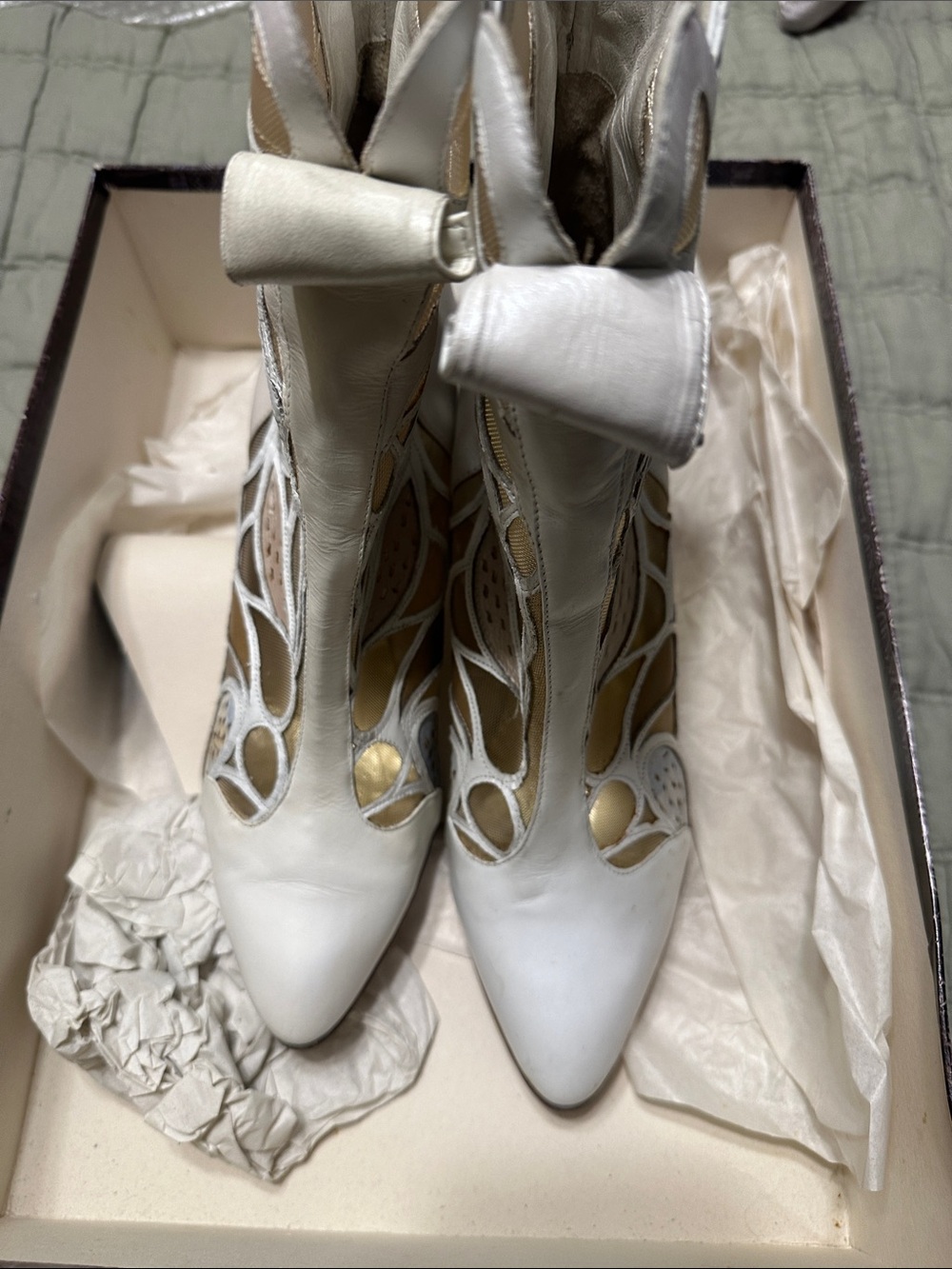 White Cutout Lace-Up Heeled Boots with Bow Accent